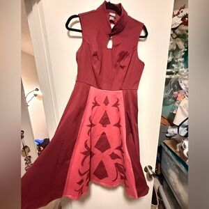 Ahsoka Sleeveless Two-Tone Red Fit & Flare Dress with Decorative Panel